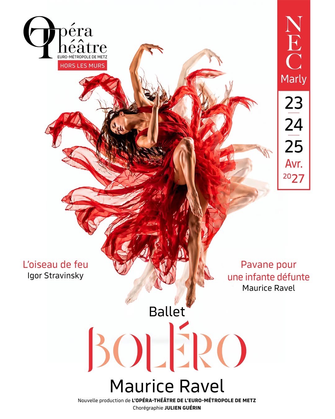 Affiche Boléro, Pavane pour une infante défunte et L’Oiseau de feu — Opéra-Théâtre de l’Eurométropole de Metz — avril 2027